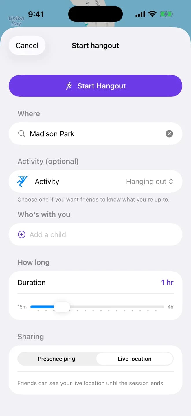 FunPlanned hangout setup with place, activity, and sharing options
