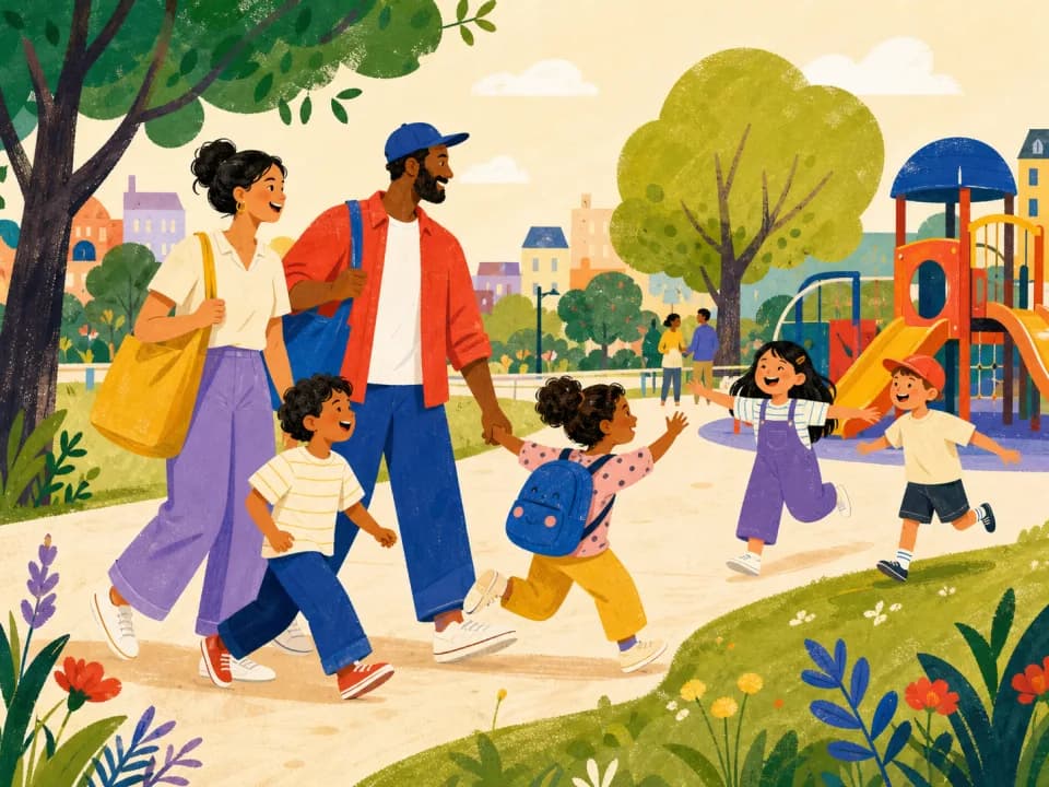 Families arriving together at a neighborhood playground