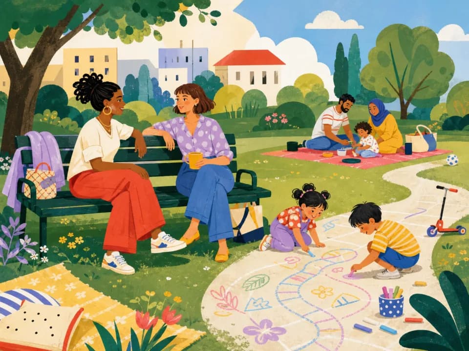 Parents catching up while children play with sidewalk chalk