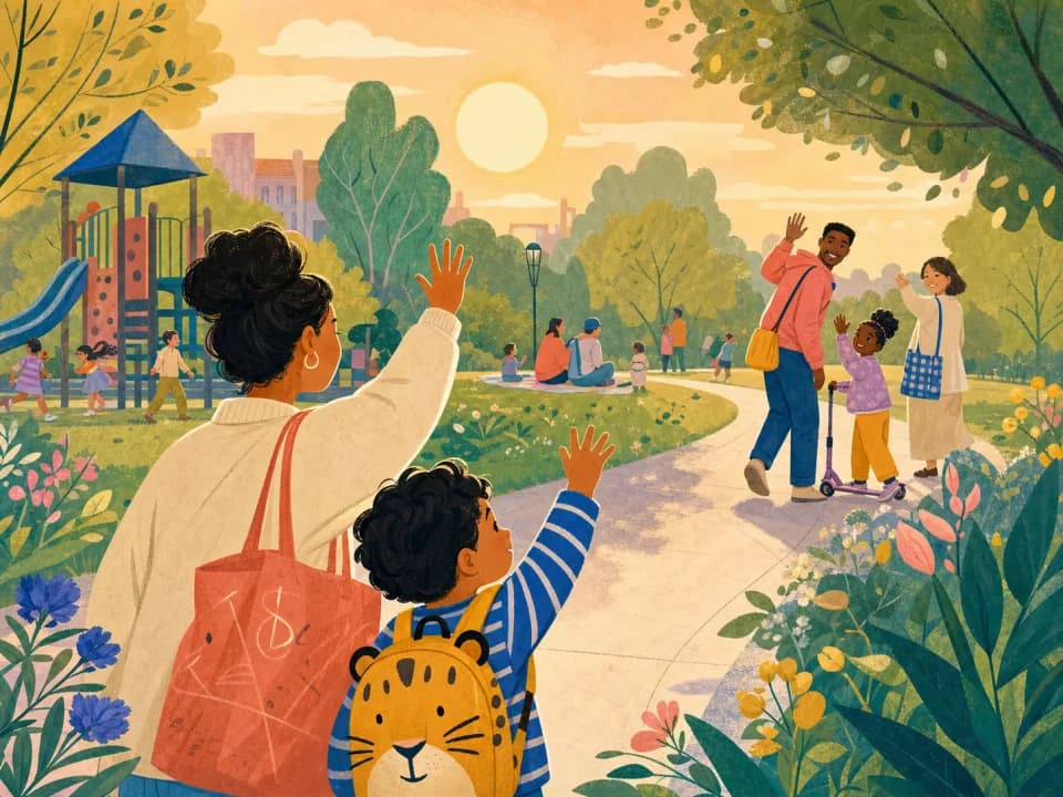 Families waving goodbye after an afternoon in the park
